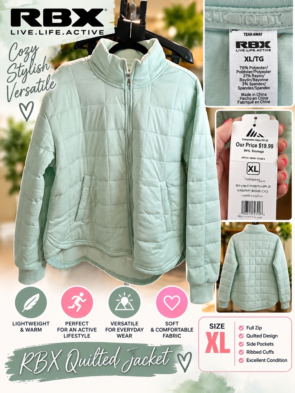 NWT RBX Perfect Weekend Quilted Jacket Mint Green Size XL Full Zip